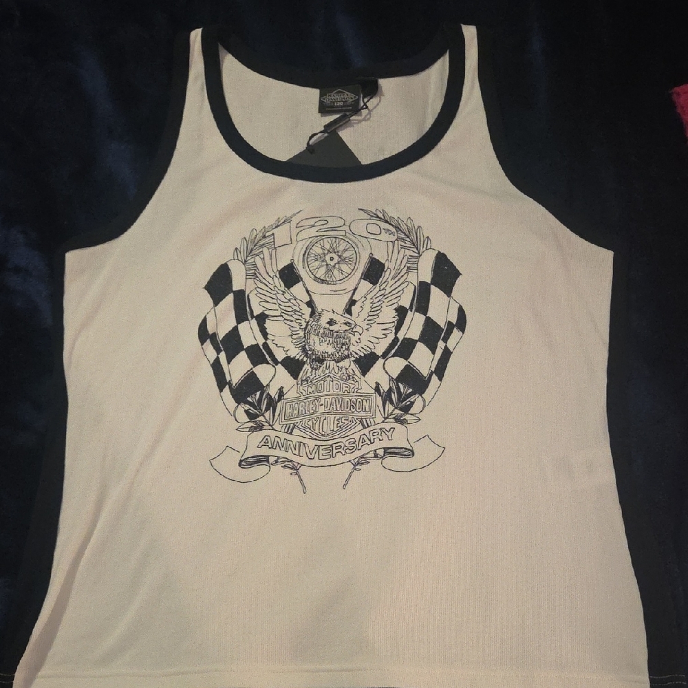 Harley-Davidson 120th Anniversaru Women's White and Black Tank Top
